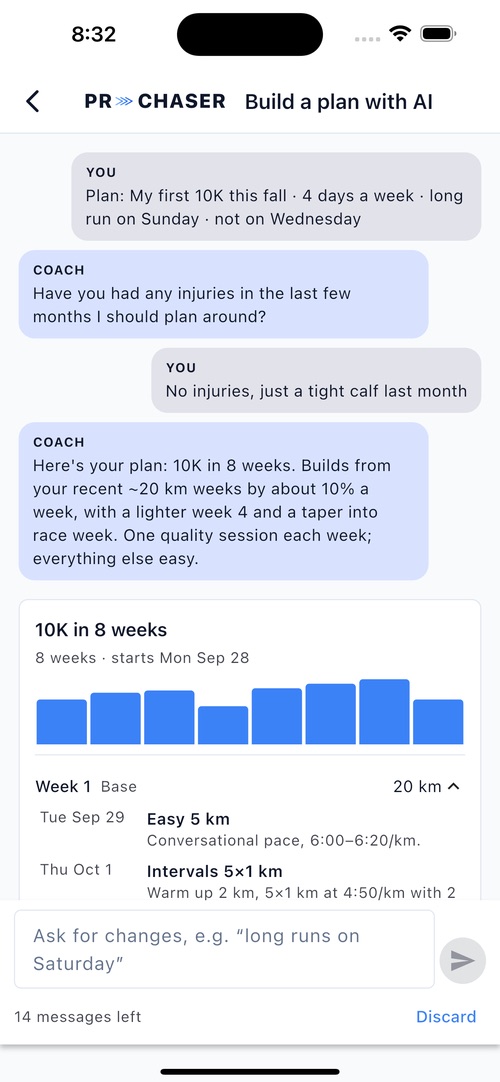 PR Chaser AI Coach building a training plan