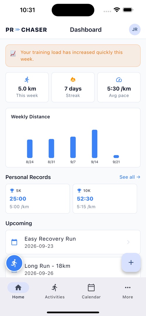 PR Chaser dashboard showing weekly mileage and recent runs